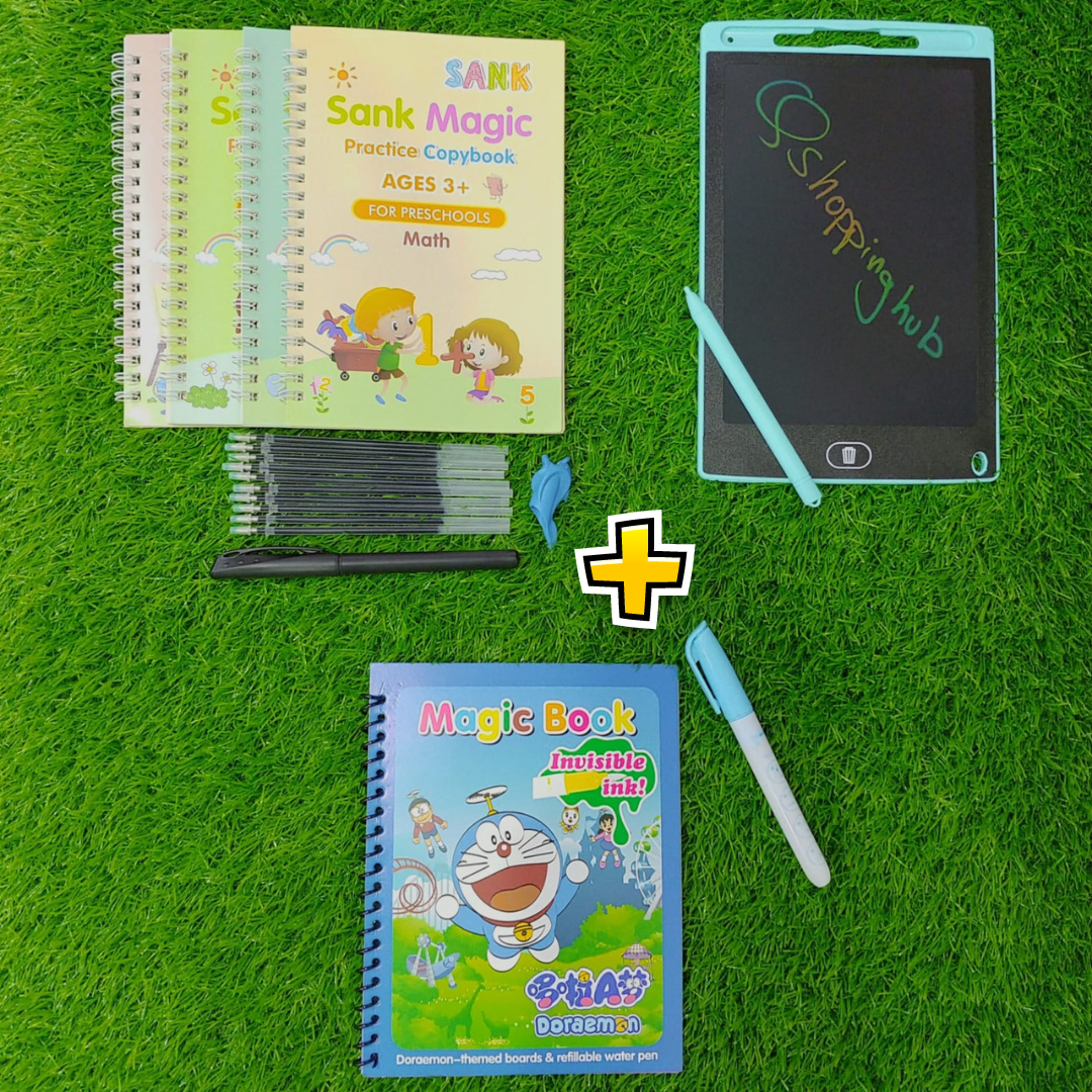 3 in 1 Offer [Sank Magic Practice 4 Books Set ( 1 Pen + 10 Refills + 4 Books ) + 8.5 inch LCD Writing Tablet Multi Colour Display + Magic Water Coloring Book] FREE DELIVERY